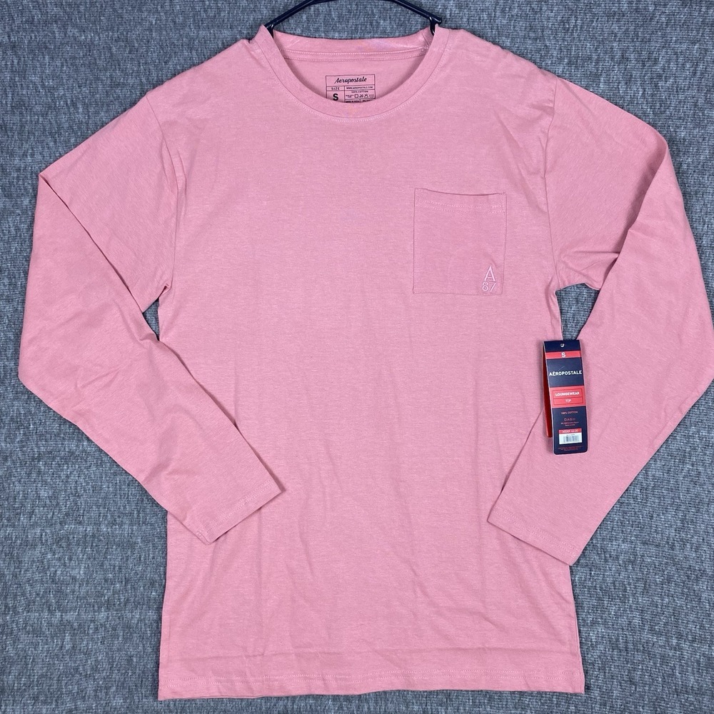 Aeropostale T-Shirt Men's S Pink Shrimp Color Long Sleeve Pullover Pocket Cotton
